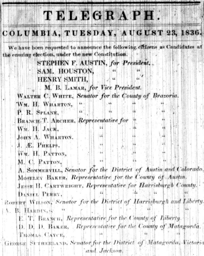 Listing of candidates in the 1836 election from the Telegraph and Texas Register